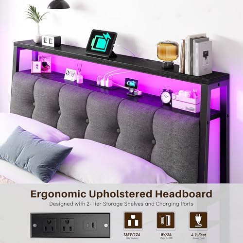 Homkdom Full Bed Frame, Upholstered Storage Headboard, Charging Station - Image 3