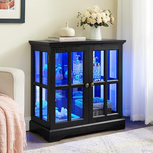Small Curio Cabinet with Glass Doors and LED Lights, 30.32” W Black Wood - Image 3