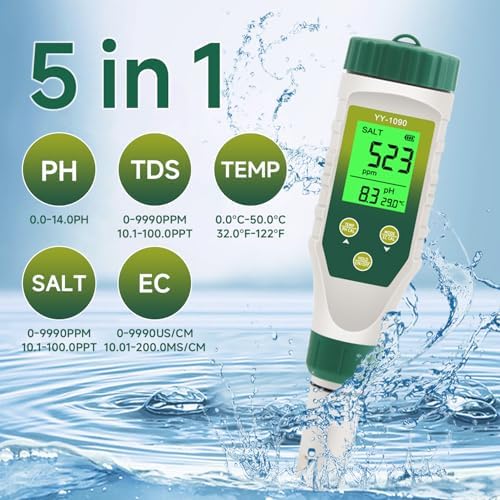 PH Meter & TDS Meter 5 in 1 Water Tester pH/TDS/EC/Salt/Temp Meter, PH Meter - Image 2