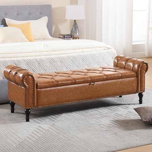 Faux Leather Storage Bench for Bed Room 67 Inch Upholstered Tufted Ottoman Bench by HOMYKA