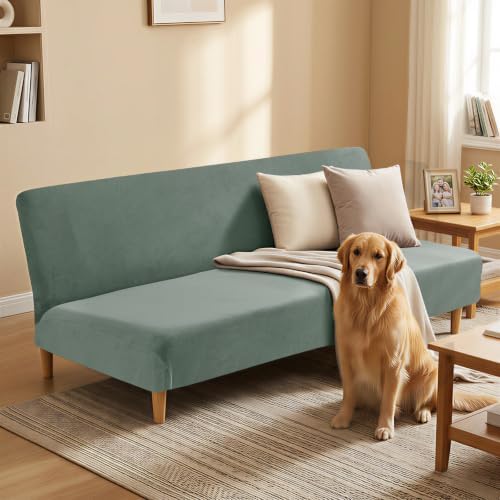 XINEAGE Velvet Armless Futon Cover, Stretch Pet Futon Slipcover, Pea Green - Image 2