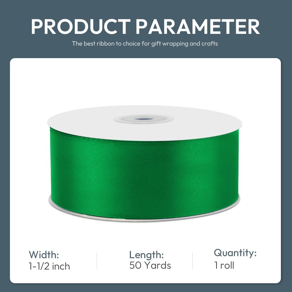 KMER LIFE 1-1/2" Wide x 50 Yards Green Single Faced Polyester Satin Ribbon for Wedding Decor, Wreath, Crafts, Gift Wrapping & Other Projects