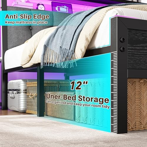 Homkdom King Bed Frame Upholstered Headboard, Charging Station - Image 4
