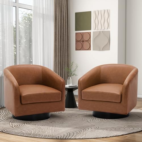 Pia Ricco Set of 2 Oversized Faux Leather 360° Swivel Barrel Accent Chair Brown - Image 7