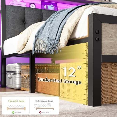 Homkdom Full Bed Frame with Upholstered Headboard & Charging Station - Image 4