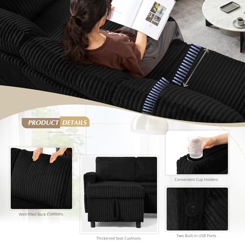 110" Corduroy U-Shape Sofa Bed - Image 4