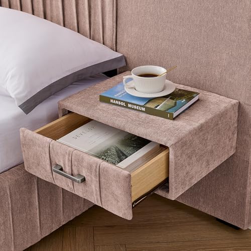 King Size Bed Frame with LED Lights and Nightstands, Modern Chenille - Image 6