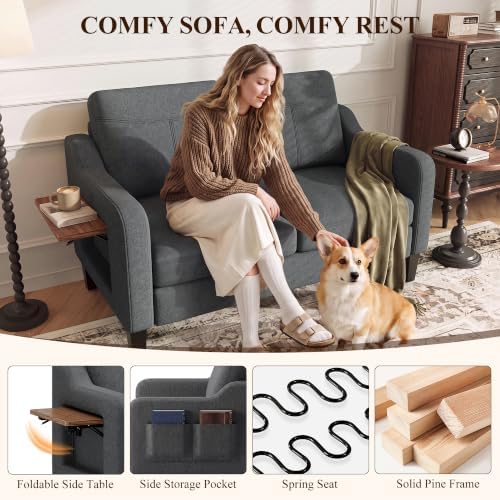 MALOL 51" Upholstered Loveseat Sofa Foldable Side Table, Dark Grey - Image 6