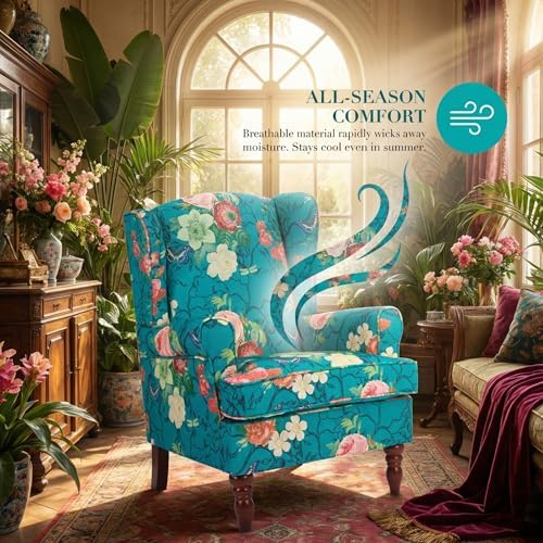 Mid Century Wingback Accent Chair Floral Cyan - Image 4