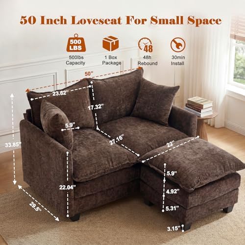 50'' Loveseat Sofa Set with Ottoman, Small Couch Set 2 Piece Cloud Love Seat - Image 2