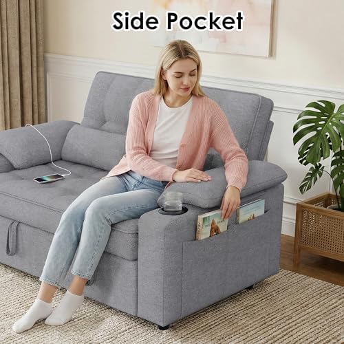58'' Convertible Sofa Bed with USB Charger and Cup Holders, Teddy Fabric - Image 5