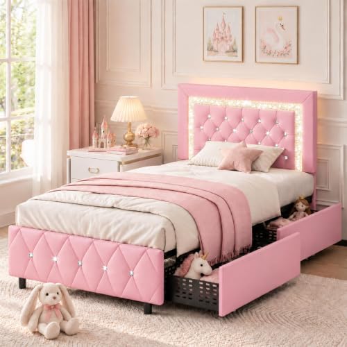 BarnFurin Twin Bed Frame with LED Lights and Diamond Tufted Headboard - Image 3