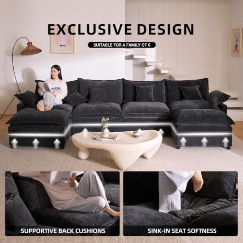 GOSUHI 142.5" U-Shaped Modular Cloud Couch, Deep Seat, Chenille Black - Image 3