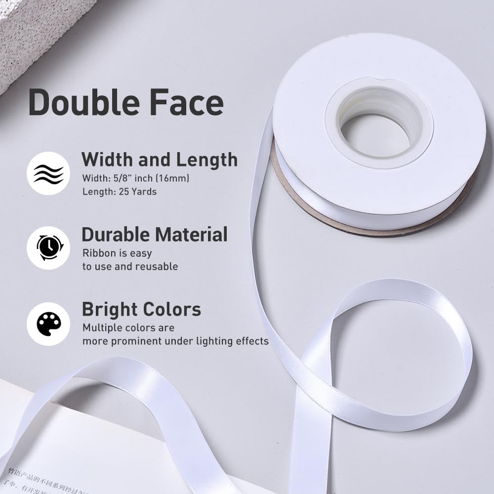 YAMA White Double Face Satin Ribbon 5/8 inch 25 Yards White Ribbon for Gift Package Wrapping Floral Design Hair Bow Clip Making Crafting Sewing Wedding Decor