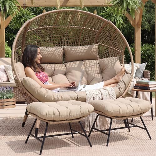 NICESOUL Double Egg Chair with Footstools & Cushions, Oversized Wicker Boho by NICESOUL