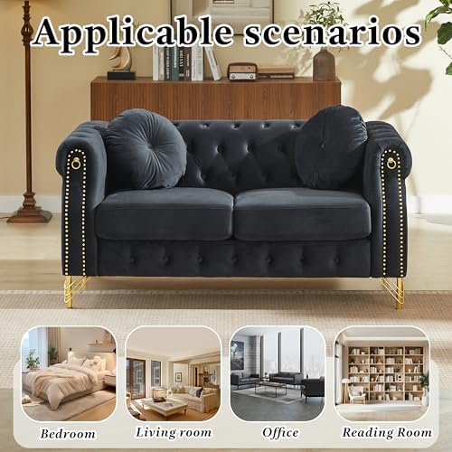 61" Black Velvet Chesterfield Loveseat Sofa Sets - Image 7