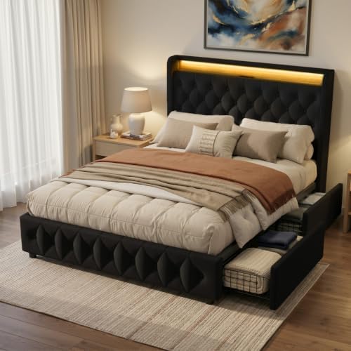 Full Size Bed Frame, 4 Storage Drawers, Charging Station by Zelurelle