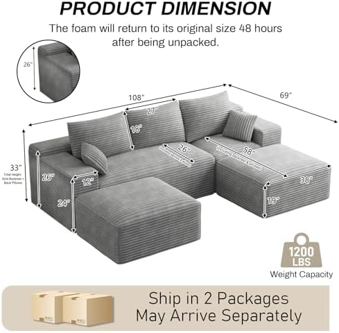 ONEMMLION 108" Oversized Cloud Boneless Couch Modular Sofas, Light Grey - Image 3
