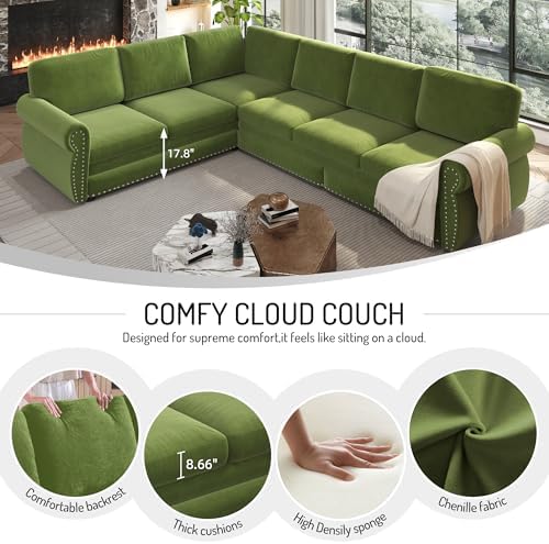118" Chenille L-Shaped Pull-Out Chesterfield Sleeper Sofa, Grass Green - Image 5