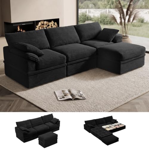 107" Boneless Couch with Storage, 48.6" Extra Deep-High Seat Modular Sectional by LOOFRA