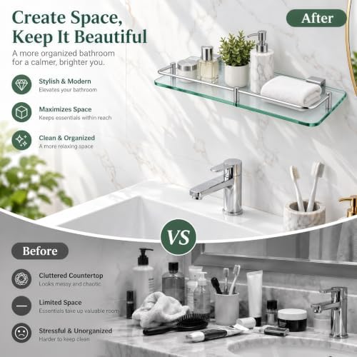 1 Pack Bathroom Glass Shelf, 15.7in Wall Mount Modern Floating Shelf - Image 5