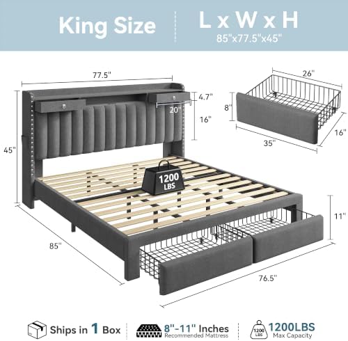 King Bed Frame and Headboard & 4 Storage Drawers, Built-in Charging Station - Image 2