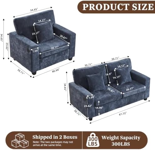 2 Seater Accent Couch with Chair Modern Chenille Sofa Set - Image 2