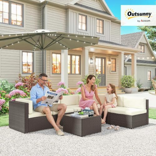 Outsunny 7 Piece Patio Furniture Set Wicker Outdoor Sectional Cream White - Image 2
