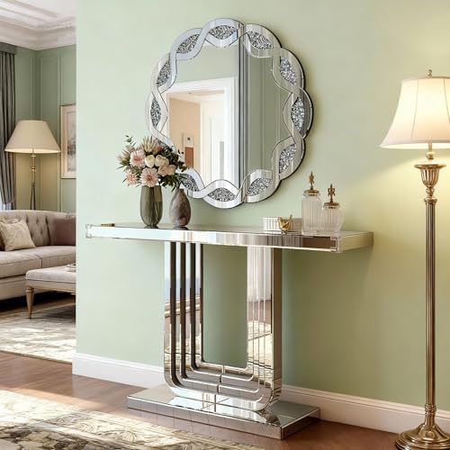 U-Shaped Silver Mirrored Console Table and Round Wall Mirror Set, 2 Piece - Image 3