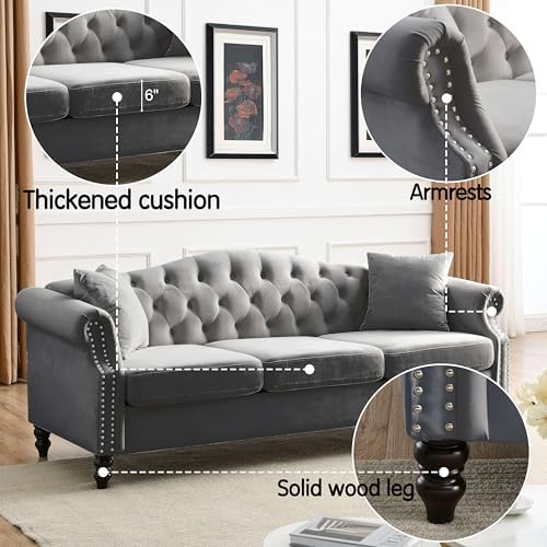 2 Piece Modern Grey Velvet 79" 3-Seater Sofa Sets, Chesterfield Button Tufted - Image 3