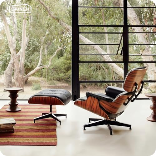Top Black Grain Leather, Mid Century Chaise Lounge Chair and Ottoman, Modern - Image 2
