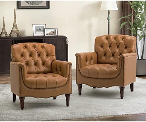 HULALA HOME Mid Century Modern Genuine Leather Accent Chair Set of 2 by HULALAHOME