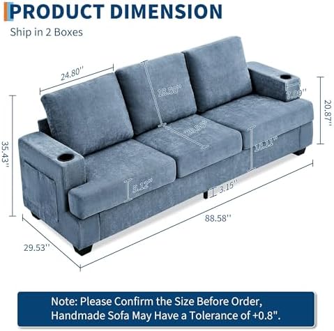 GarveeHome Couches for Living Room, Chenille Sofa -89 inch/Blue - Image 2