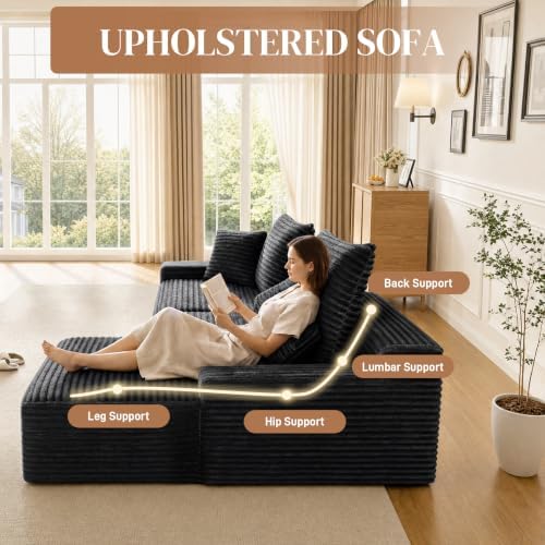 95" L Shaped Cloud Couch Modular Sectional Sofa, Comfy Fluffy Corduroy Black - Image 7