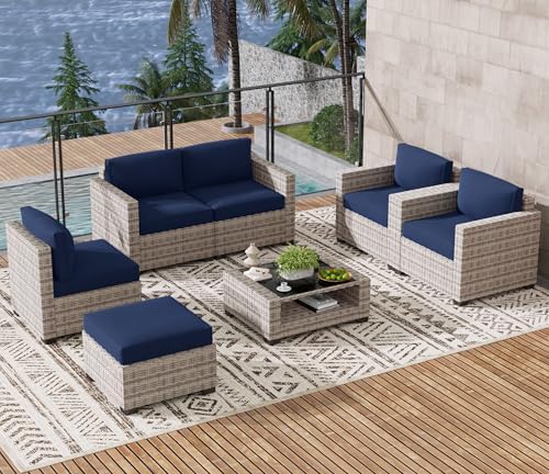LOUVIXA 7 Piece Outdoor Patio Furniture Set, Rattan Chairs Glass Table Wicker - Image 4