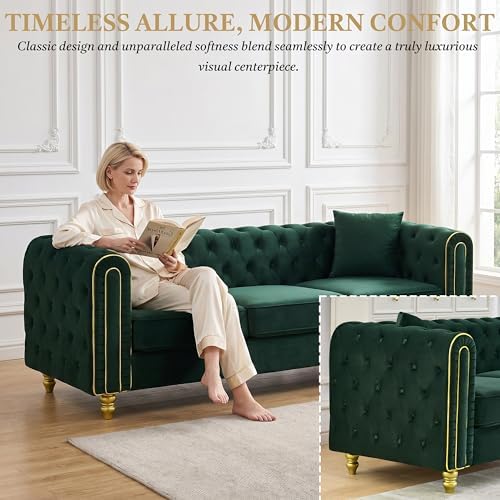 86" Chesterfield 3-Seater Velvet Sofa Couch, Button Tufted Rolled Arms - Image 5