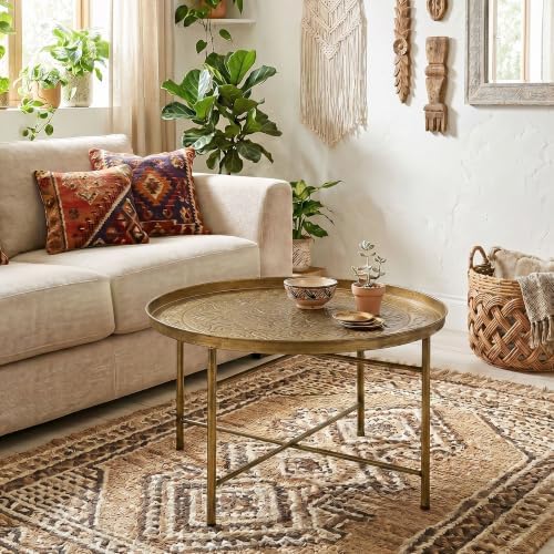 HOMCOM 24" Hammered Round Coffee Table Vintage Metal Side Table Gold - Image 2