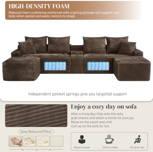 127" U Shaped Cloud Couch Modular Sectional Sofa, Fluffy Comfy Corduroy - Image 4