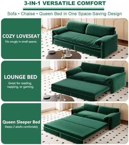 66" Sleeper Sofa Bed Queen Size, Pull Out Convertible Velvet Couch - Image 4