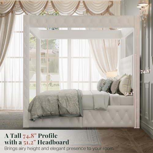 Jocisland King Canopy Bed Frame Velvet Upholstered Headboard - Image 4
