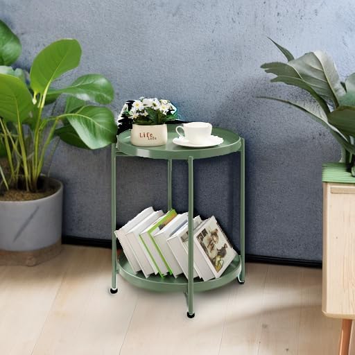 TeoKJ 2 Tier Green Side Table, Folding Round Metal End Table Small Nightstand - Image 5
