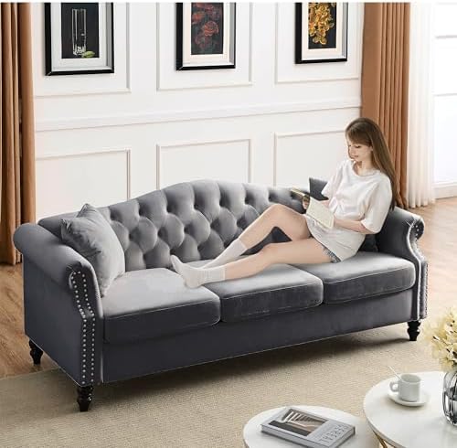 2 Piece Modern Grey Velvet 79" 3-Seater Sofa Sets, Chesterfield Button Tufted - Image 5