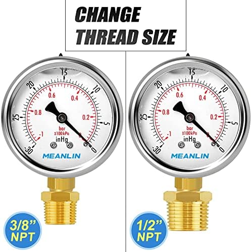 MEANLIN MEASURE -30inHG~0Psi Stainless Steel 1/4" NPT 2.5" FACE DIAL Vacuum - Image 3