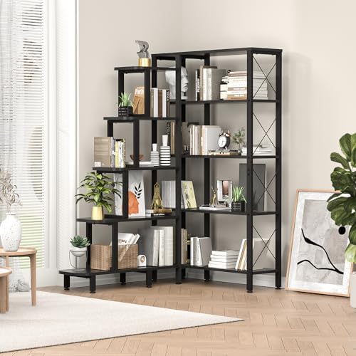 Corner Bookshelf Bookcase, Large Reversible 5 Tier Ladder Shelves Storage - Image 2