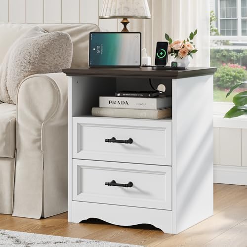 YANSNWO White Nightstand with Charging Station, 19.7" 2-Drawer End Table - Image 2