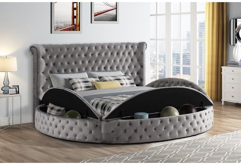 First of a Kind Circle Velvet Tufted Upholstered Platform Storage Bed - Image 3