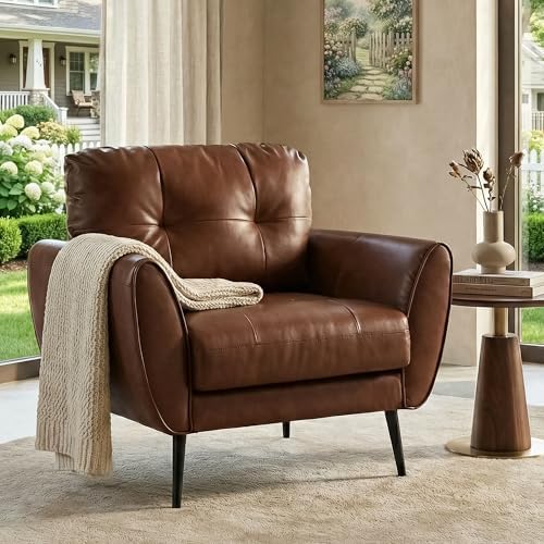 Brown Leather Accent Chair, Tufted Reading Arm Chair by TYBOATLE