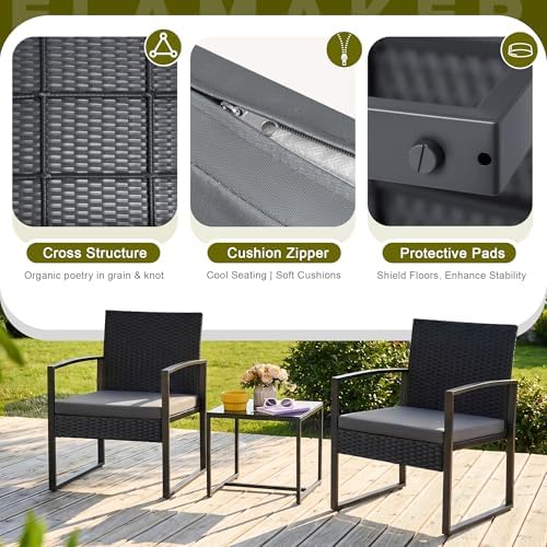 Flamaker 3 Pieces Patio Furniture Set Outdoor Wicker Bistro Chair - Image 5