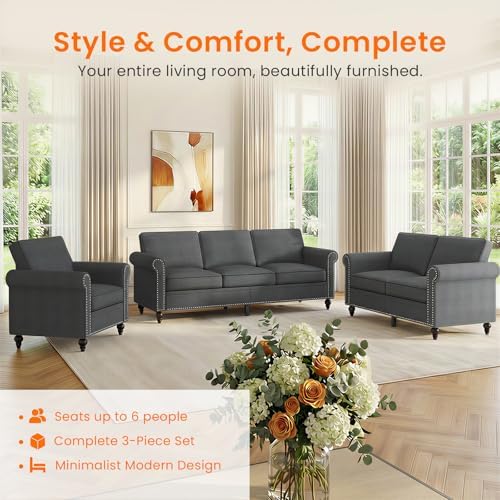 ijuicy 3 Pcs Sectional Sofa Set, Modern Linen Upholstered Couch-Dark Gray - Image 3