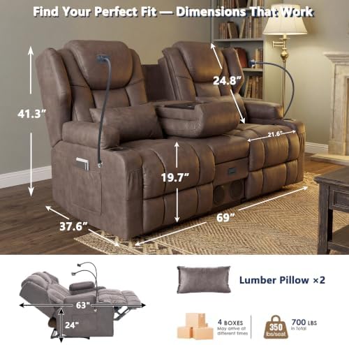 Loveseat Recliner with Massage and Heat, Built-in Bluetooth Audio & Cup Holders - Image 2